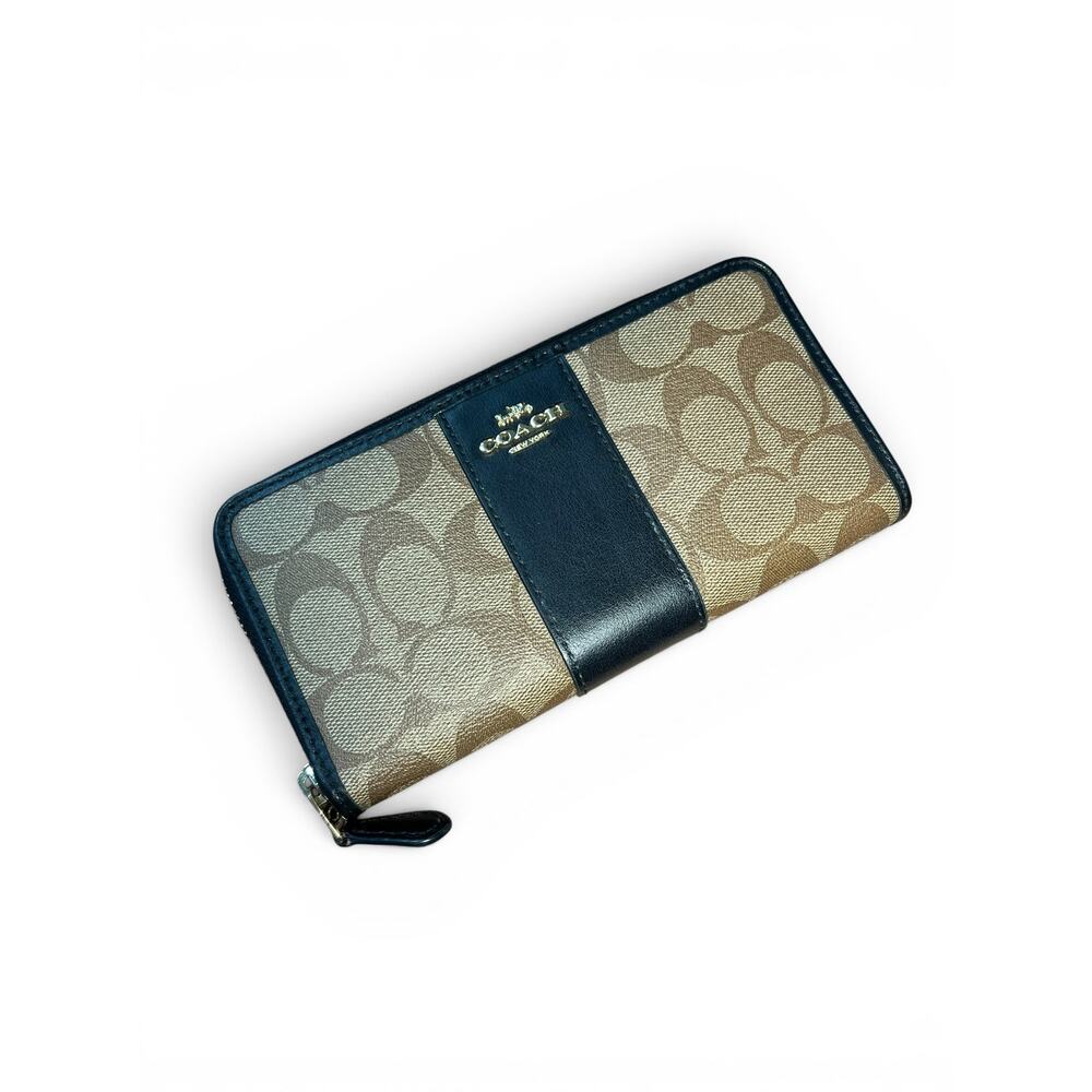 COACH Signature Canvas Accordion Zip Around Wallet F54630 Khaki Black - Picture 9 of 13